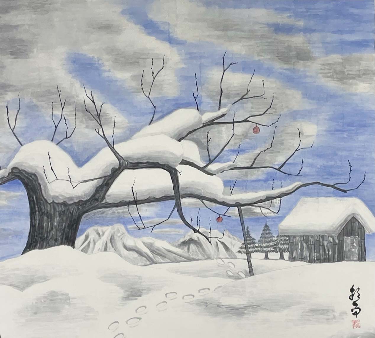 髙森彩雨 冬のリンゴ F20号